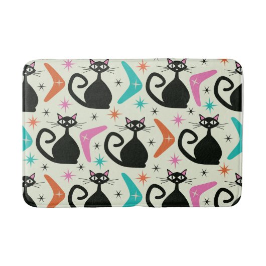 Mid Century Zwarte Atoomkatten met Boomerangs Badmat (Voorkant)