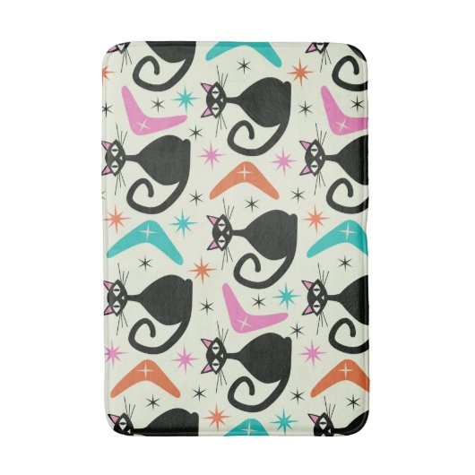 Mid Century Zwarte Atoomkatten met Boomerangs Badmat (Voorkant Verticaal)