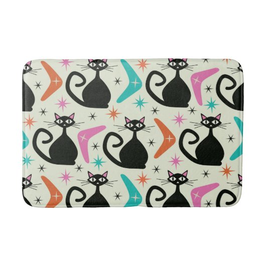 Mid Century Zwarte Atoomkatten met Boomerangs Badmat (Voorkant)