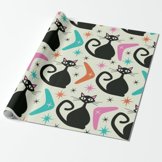 Mid Century Zwarte Atoomkatten met Boomerangs Cadeaupapier (Uitgerold)