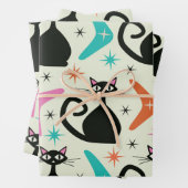 Mid Century Zwarte Atoomkatten met Boomerangs Inpakpapier Vel (In situ)