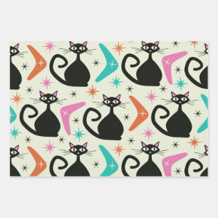 Mid Century Zwarte Atoomkatten met Boomerangs Inpakpapier Vel