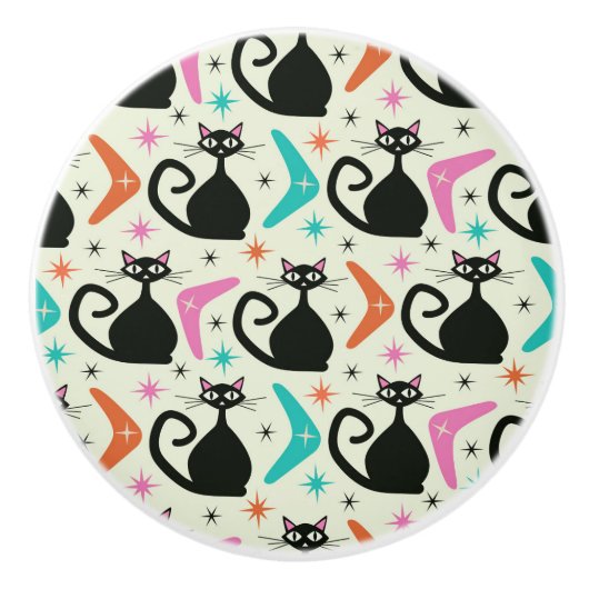 Mid Century Zwarte Atoomkatten met Boomerangs Keramische Knop (Voorkant)