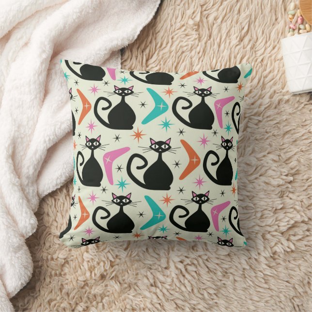 Mid Century Zwarte Atoomkatten met Boomerangs Kussen (Deken)