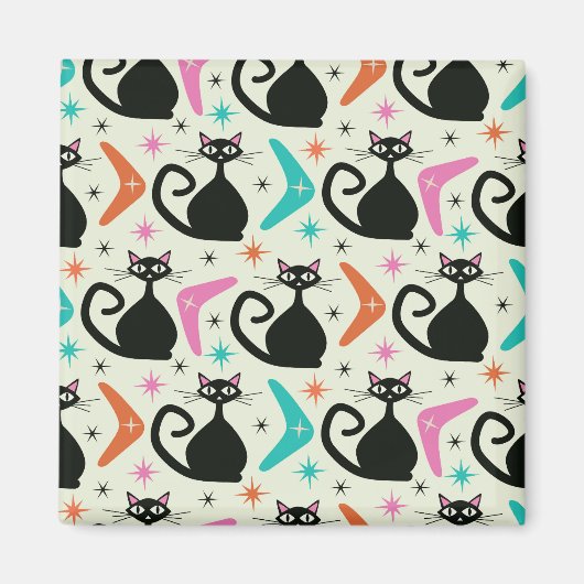 Mid Century Zwarte Atoomkatten met Boomerangs Magneet (Voorkant)