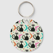Mid Century Zwarte Atoomkatten met Boomerangs Sleutelhanger (Voorkant)
