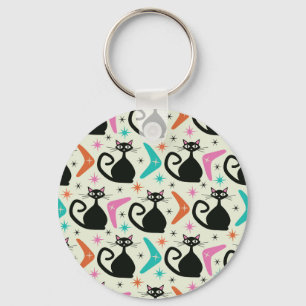 Mid Century Zwarte Atoomkatten met Boomerangs Sleutelhanger