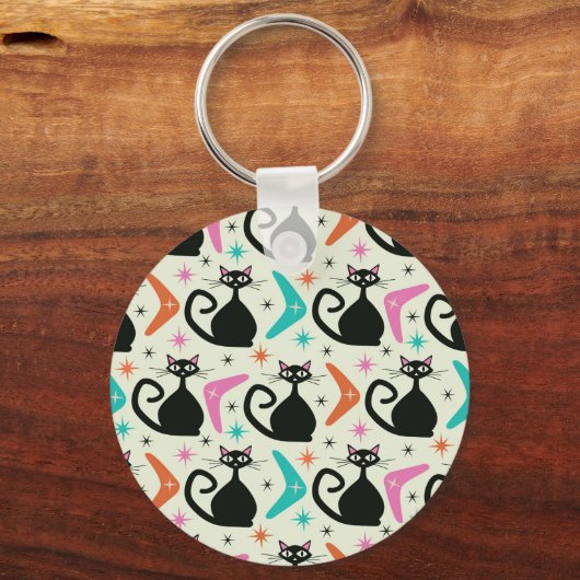 Mid Century Zwarte Atoomkatten met Boomerangs Sleutelhanger (Achterkant)