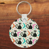 Mid Century Zwarte Atoomkatten met Boomerangs Sleutelhanger (Voorkant)
