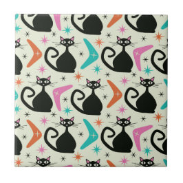 Mid Century Zwarte Atoomkatten met Boomerangs Tegeltje