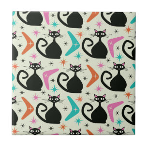 Mid Century Zwarte Atoomkatten met Boomerangs Tegeltje