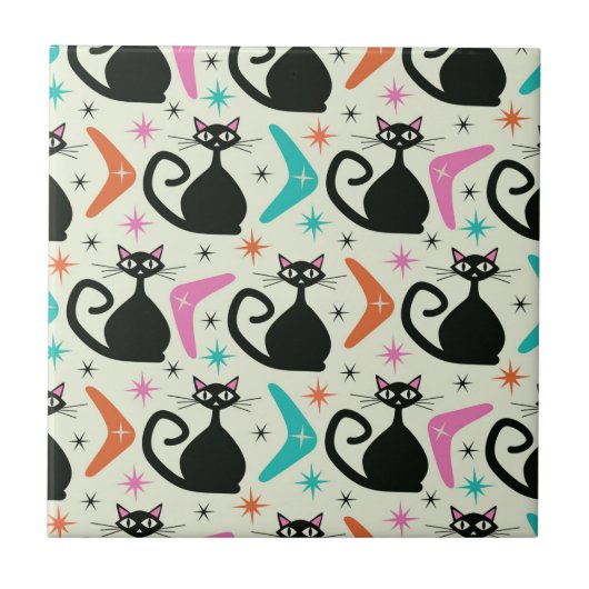 Mid Century Zwarte Atoomkatten met Boomerangs Tegeltje (Voorkant)