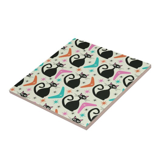 Mid Century Zwarte Atoomkatten met Boomerangs Tegeltje (Zijkant)