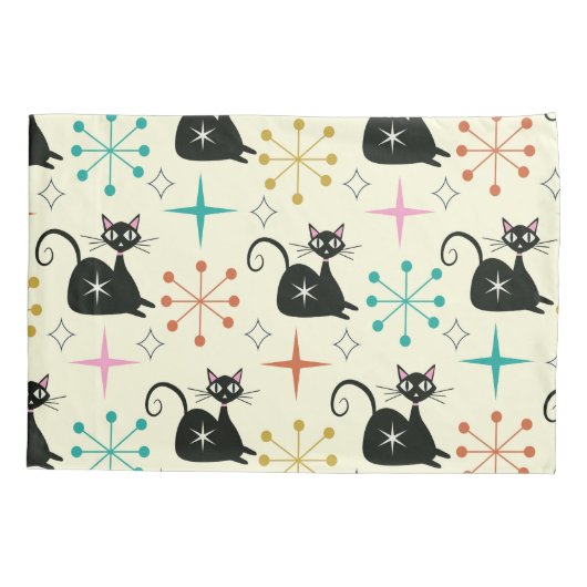 Mid Century Zwarte Atoomkatten met Retro Starburst Kussensloop (Achterkant)