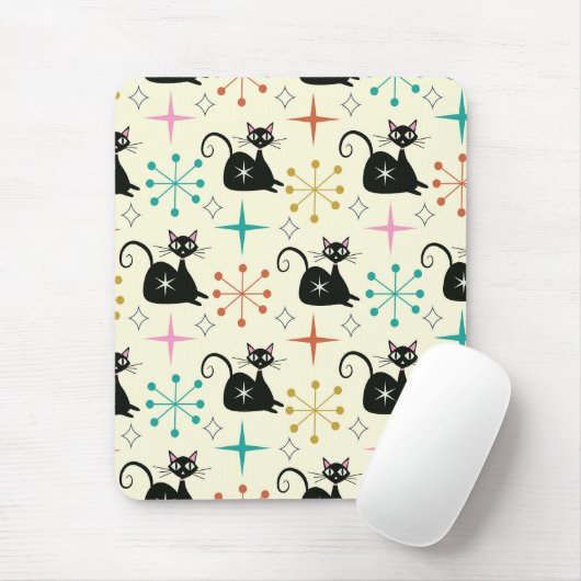 Mid Century Zwarte Atoomkatten met Retro Starburst Muismat (Met muis)
