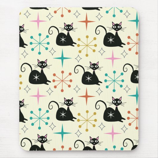 Mid Century Zwarte Atoomkatten met Retro Starburst Muismat (Voorkant)
