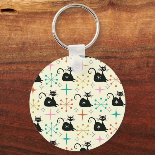 Mid Century Zwarte Atoomkatten met Retro Starburst Sleutelhanger (Voorkant)