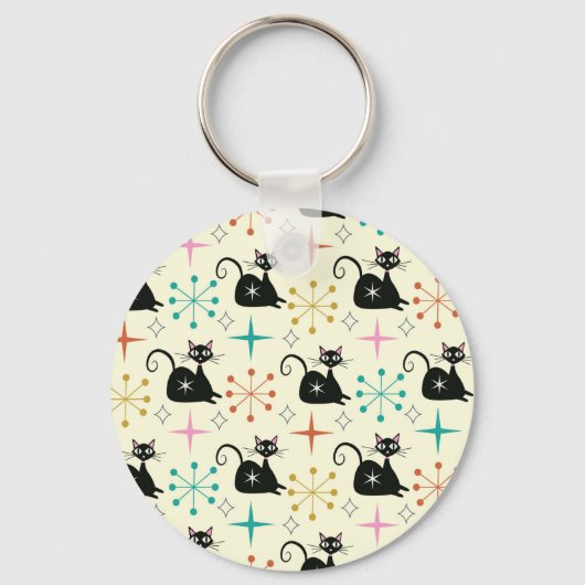 Mid Century Zwarte Atoomkatten met Retro Starburst Sleutelhanger (Achterkant)