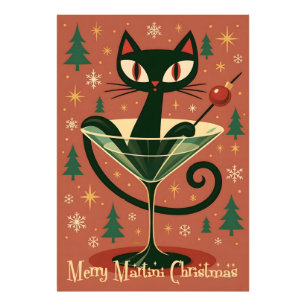 Mid Century Zwarte Kat Merry Martini Kerstmis Foto Afdruk