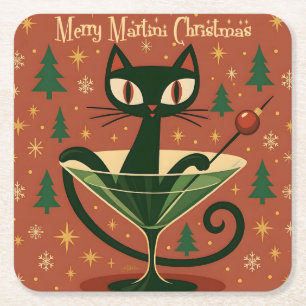 Mid Century Zwarte Kat Merry Martini Kerstmis Kartonnen Onderzetters