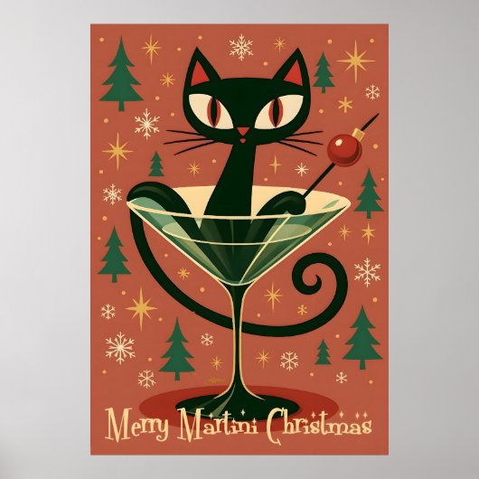 Mid Century Zwarte Kat Merry Martini Kerstmis Poster (Voorkant)