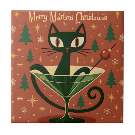 Mid Century Zwarte Kat Merry Martini Kerstmis Tegeltje (Voorkant)