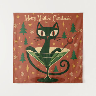 Mid Century Zwarte Kat Merry Martini Kerstmis Wandkleed