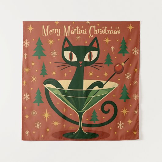 Mid Century Zwarte Kat Merry Martini Kerstmis Wandkleed (Voorkant)