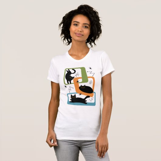 Mid Century zwarte katten T-shirt (Voorkant volledig)