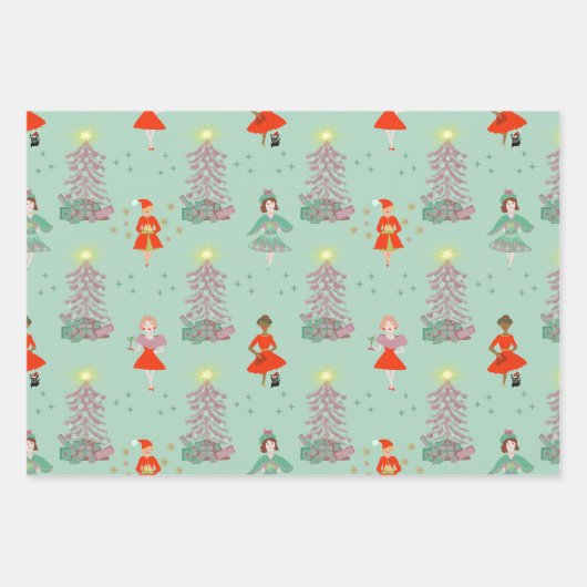 Mid eeuw mod vrouwen retro kerst, roze, groen inpakpapier vel (Voorkant)