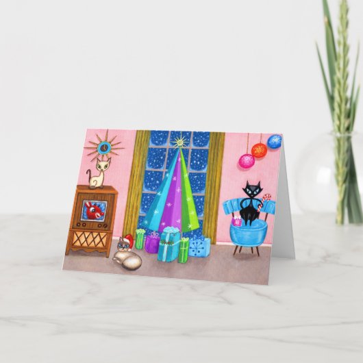 Mid-eeuw moderne kerst atoomtijdperk katten tv kaart (Voorkant)