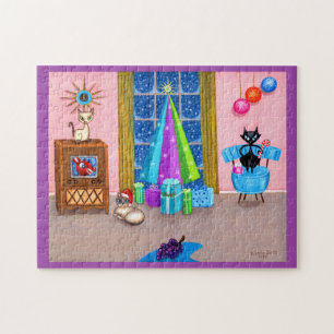 Mid-eeuw moderne kerst atoomtijdperk katten tv legpuzzel
