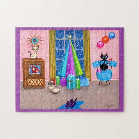 Mid-eeuw moderne kerst atoomtijdperk katten tv legpuzzel (Horizontaal)