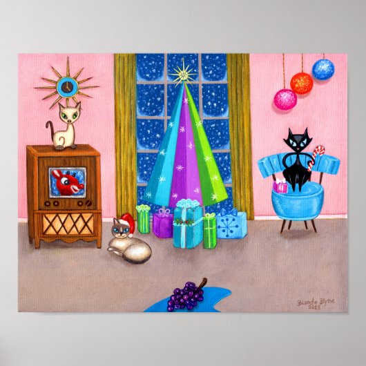 Mid-eeuw moderne kerst atoomtijdperk katten tv poster (Voorkant)