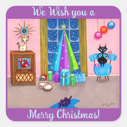 Mid-eeuw moderne kerst atoomtijdperk katten tv vierkante sticker (Voorkant)