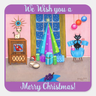 Mid-eeuw moderne kerst atoomtijdperk katten tv vierkante sticker