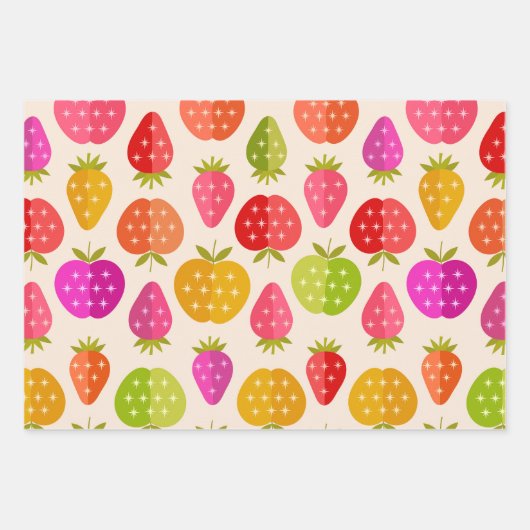 Mid-eeuwse appelen en aardbeien kleurrijk inpakpapier vel (Voorkant 3)