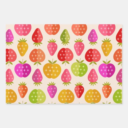 Mid-eeuwse appelen en aardbeien kleurrijk inpakpapier vel (Voorkant 2)