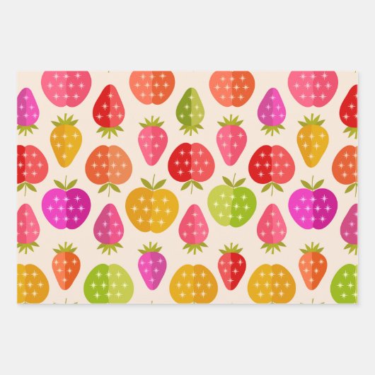 Mid-eeuwse appelen en aardbeien kleurrijk inpakpapier vel (Voorkant)