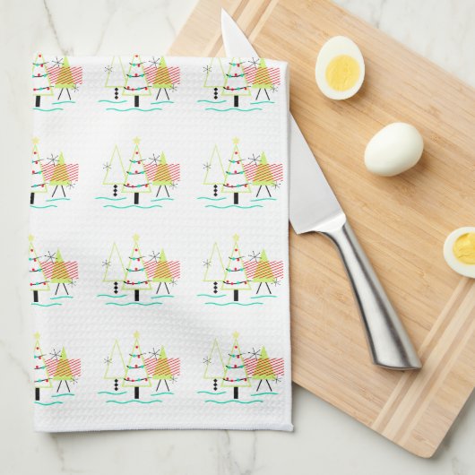 mid - eeuwse moderne kerstboomretro theedoek (Quarter Fold)
