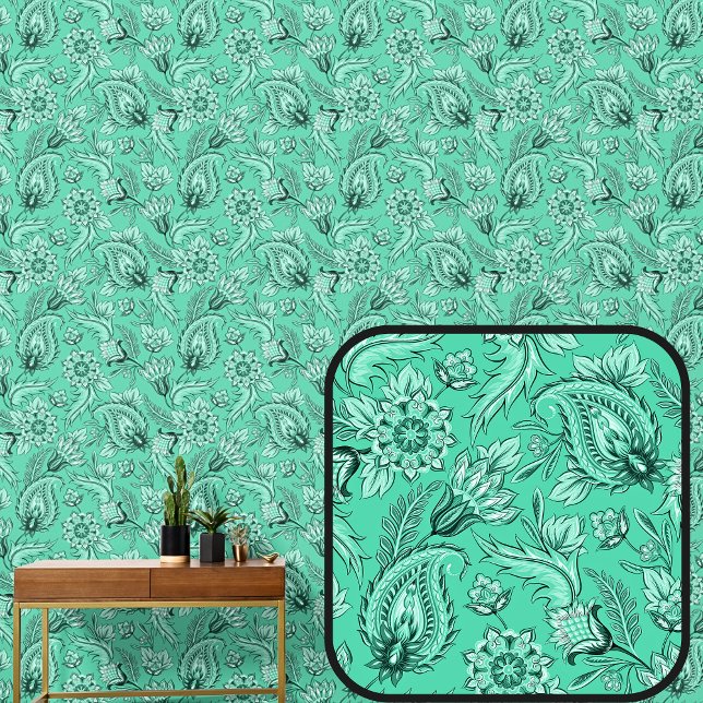 Mid Green Bloemen Paisley Elegant Behang (Creator heeft geüpload)