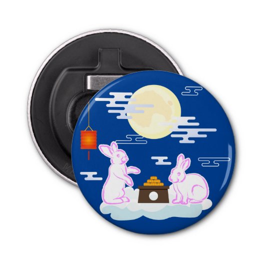 Mid Herfst Festival Maan Konijn Maancake Wolken Button Flesopener (Voorkant)