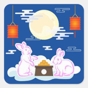 Mid Herfst Festival Maan Konijn Maancake Wolken Vierkante Sticker