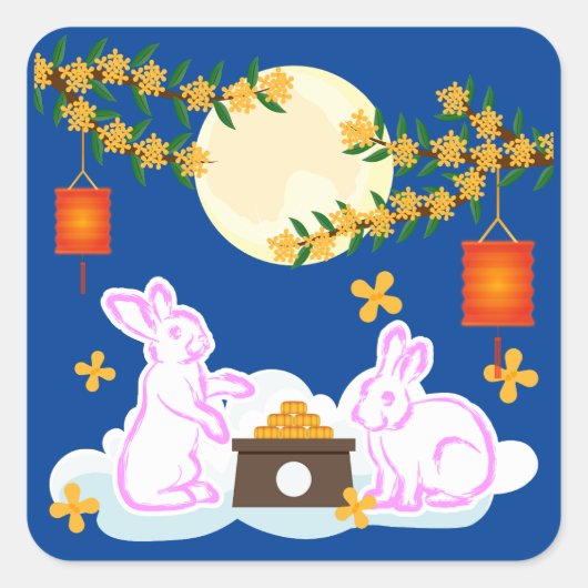 Mid Herfst Festival Maan Konijn Mooncake Osmanthus Vierkante Sticker (Voorkant)