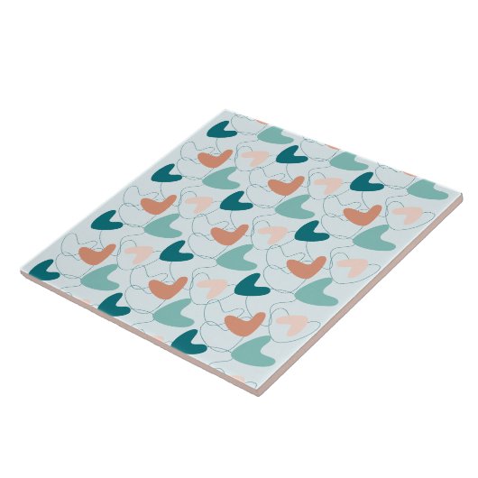 Mid Mod Abstract Patroon Blauwgroen, Perzik, Donke Tegeltje (Zijkant)