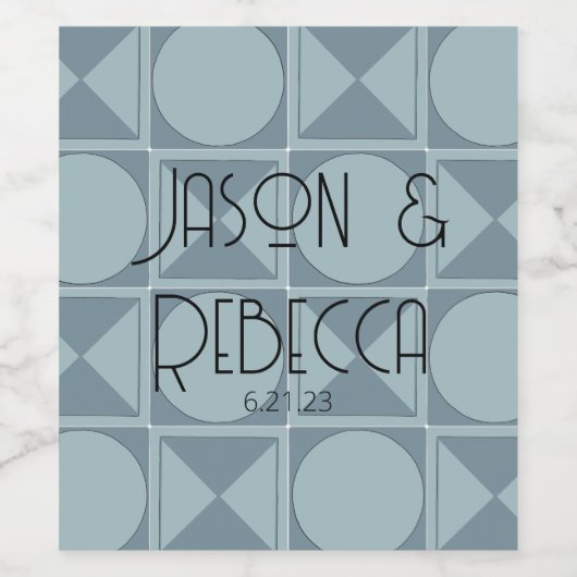 Mid Modern Blauw Geometrische Tegel Bruiloft Custo Wijn Etiket (Enkel label)