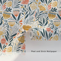 Midcentury Boho Bloemen in Koraal Mosterd Blauwgro