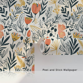 Midcentury Boho Bloemen Koraal Mosterd Blauwgroen Behang