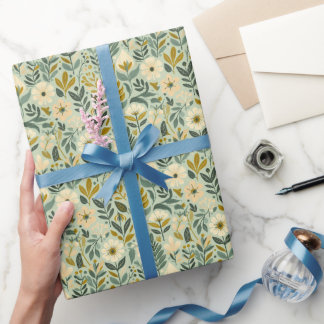 Midcentury Boho Bloemen Wildflowers Blauw Cadeaupapier