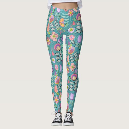 Midcentury Floral Green Leggings (Voorkant)
